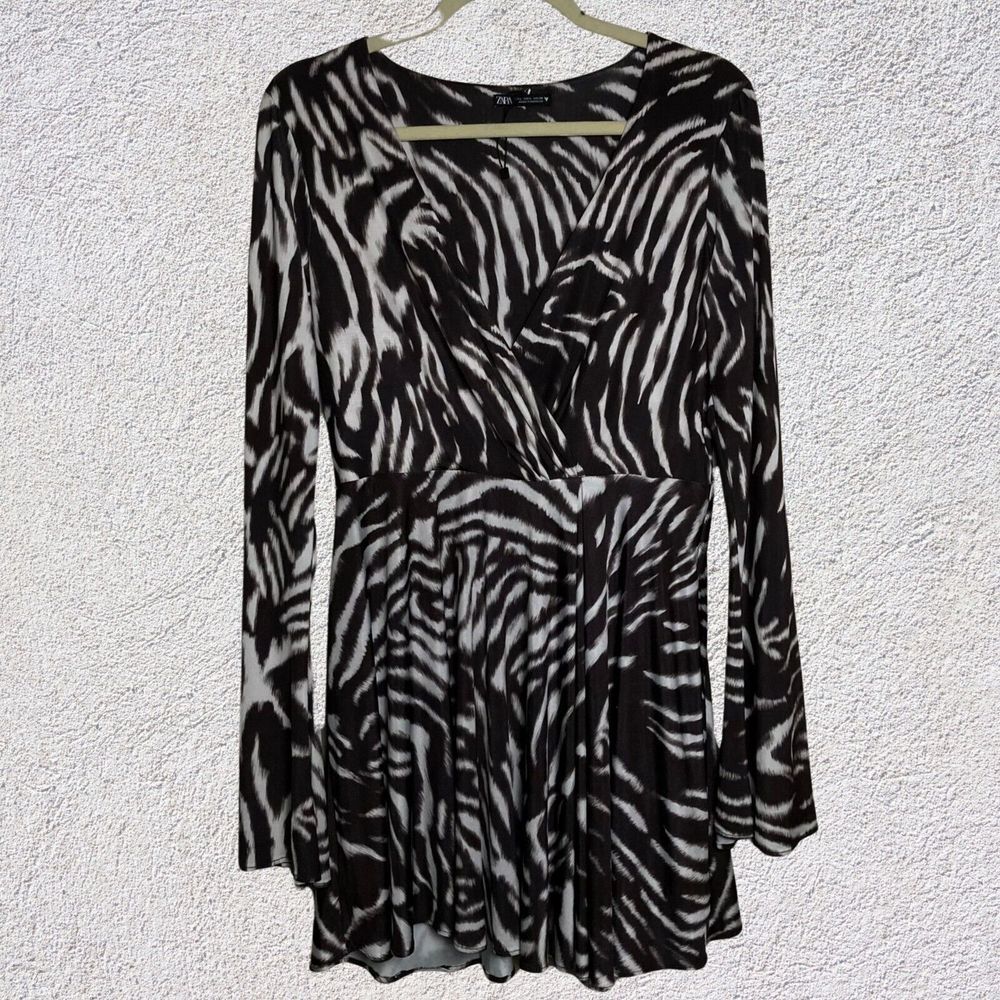 Zara Women L Dress‎ Animal Print Mini Geometric Flare Bell Sleeve Flowy Tunic